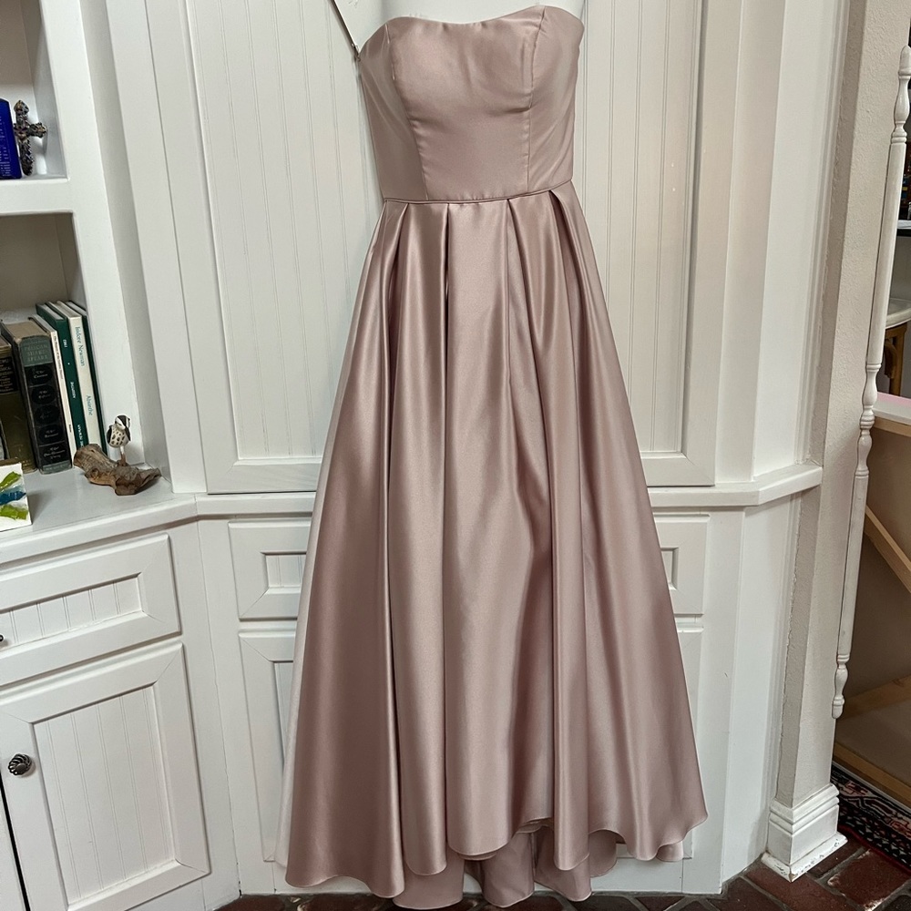 Betsy Adam High Low ballgown in pale pink
